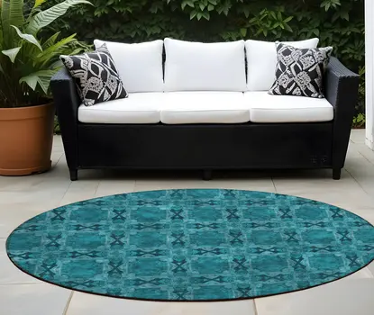 8' Round Teal Round Floral Medallion Washable Non Skid Indoor Outdoor Area Rug
