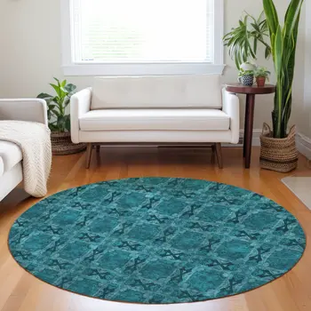 8' Round Teal Round Floral Medallion Washable Non Skid Indoor Outdoor Area Rug