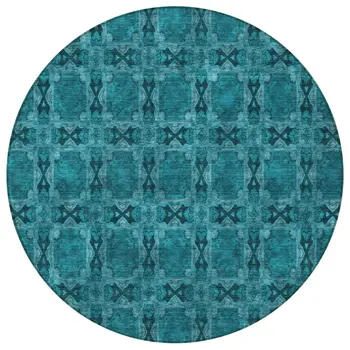 8' Round Teal Round Floral Medallion Washable Non Skid Indoor Outdoor Area Rug
