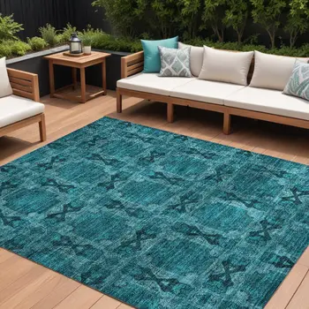 10' X 14' Teal Floral Medallion Washable Non Skid Indoor Outdoor Area Rug