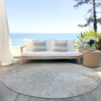 8' Round Beige Round Washable Non Skid Indoor Outdoor Area Rug