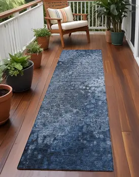 8' Runner Blue Washable Non Skid Indoor Outdoor Runner Rug