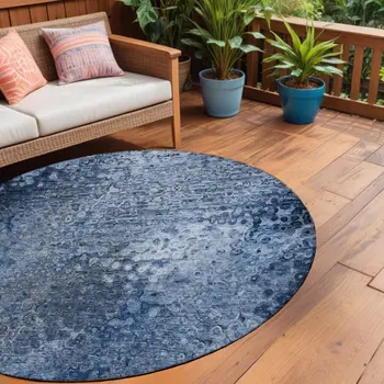 8' Round Blue Round Washable Non Skid Indoor Outdoor Area Rug