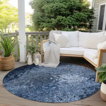 8' Round Blue Round Washable Non Skid Indoor Outdoor Area Rug