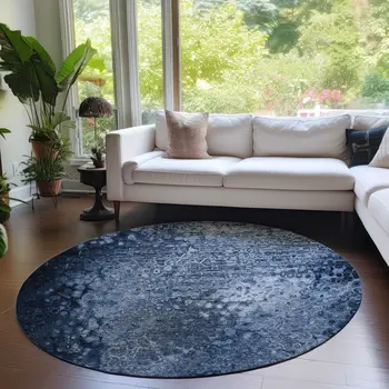 8' Round Blue Round Washable Non Skid Indoor Outdoor Area Rug