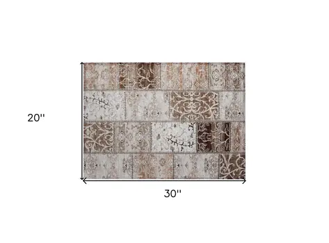 2' X 3' Taupe and Ivory Patchwork Washable Non Skid Indoor Outdoor Area Rug