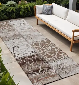 8' Runner Taupe and Ivory Patchwork Washable Non Skid Indoor Outdoor Runner Rug