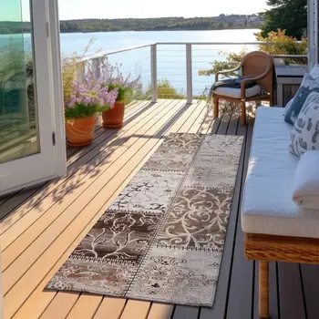 8' Runner Taupe and Ivory Patchwork Washable Non Skid Indoor Outdoor Runner Rug
