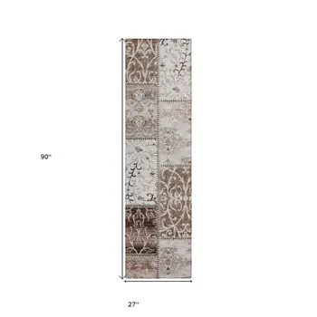 8' Runner Taupe and Ivory Patchwork Washable Non Skid Indoor Outdoor Runner Rug