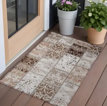 3' X 5' Taupe and Ivory Patchwork Washable Non Skid Indoor Outdoor Area Rug