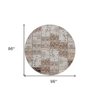 8' Round Taupe and Ivory Round Patchwork Washable Non Skid Indoor Outdoor Area Rug