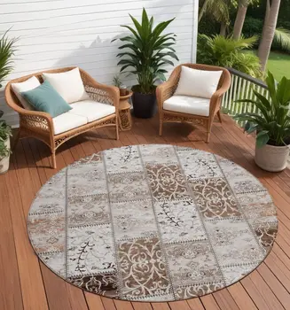 8' Round Taupe and Ivory Round Patchwork Washable Non Skid Indoor Outdoor Area Rug