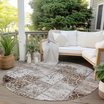 8' Round Taupe and Ivory Round Patchwork Washable Non Skid Indoor Outdoor Area Rug