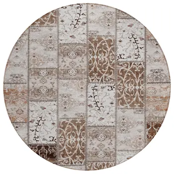 8' Round Taupe and Ivory Round Patchwork Washable Non Skid Indoor Outdoor Area Rug