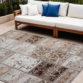 8' X 10' Taupe and Ivory Patchwork Washable Non Skid Indoor Outdoor Area Rug