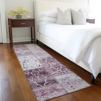 8' Runner Mountbatten Pink Patchwork Washable Non Skid Indoor Outdoor Runner Rug
