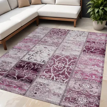 5' X 8' Pink Patchwork Washable Indoor Outdoor Area Rug