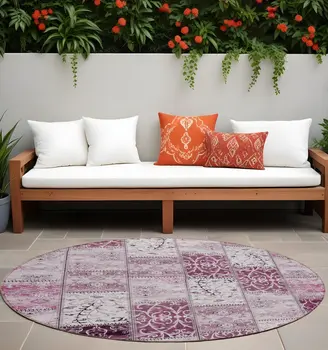 8' Round Mountbatten Pink Round Patchwork Washable Non Skid Indoor Outdoor Area Rug