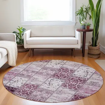 8' Round Mountbatten Pink Round Patchwork Washable Non Skid Indoor Outdoor Area Rug