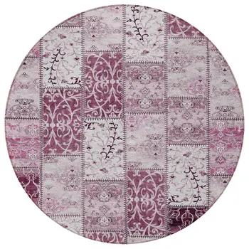 8' Round Mountbatten Pink Round Patchwork Washable Non Skid Indoor Outdoor Area Rug