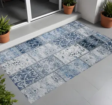 2' X 3' Denim Blue Patchwork Washable Non Skid Indoor Outdoor Area Rug