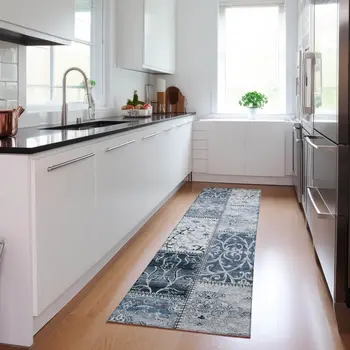 8' Runner Denim Blue Patchwork Washable Non Skid Indoor Outdoor Runner Rug