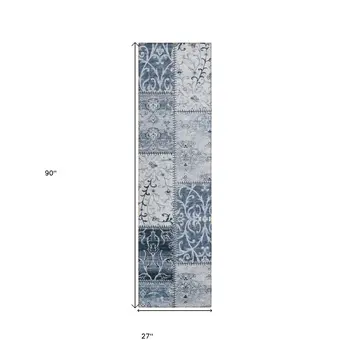 8' Runner Denim Blue Patchwork Washable Non Skid Indoor Outdoor Runner Rug