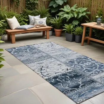 8' Runner Denim Blue Patchwork Washable Non Skid Indoor Outdoor Runner Rug