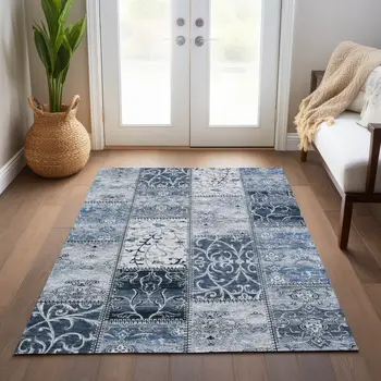 3' X 5' Denim Blue Patchwork Washable Non Skid Indoor Outdoor Area Rug
