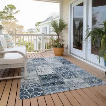 5' X 8' Denim Blue Patchwork Washable Non Skid Indoor Outdoor Area Rug