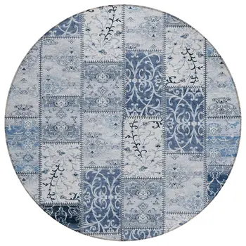 8' Round Denim Blue Round Patchwork Washable Non Skid Indoor Outdoor Area Rug