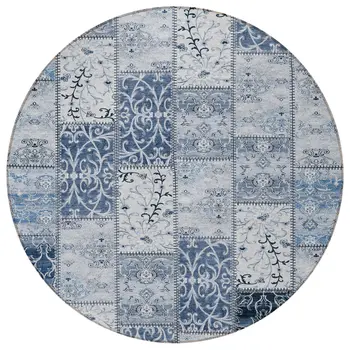 8' Round Denim Blue Round Patchwork Washable Non Skid Indoor Outdoor Area Rug