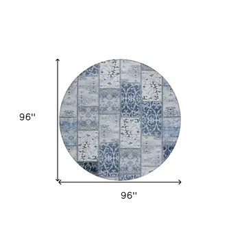 8' Round Denim Blue Round Patchwork Washable Non Skid Indoor Outdoor Area Rug