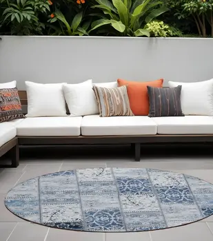 8' Round Denim Blue Round Patchwork Washable Non Skid Indoor Outdoor Area Rug