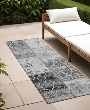 8' Runner Gray Patchwork Washable Non Skid Indoor Outdoor Runner Rug