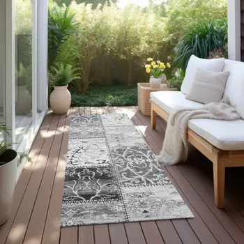 8' Runner Gray Patchwork Washable Non Skid Indoor Outdoor Runner Rug