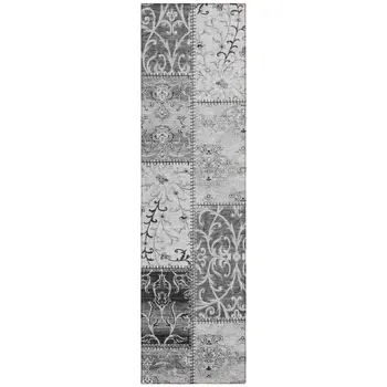 8' Runner Gray Patchwork Washable Non Skid Indoor Outdoor Runner Rug