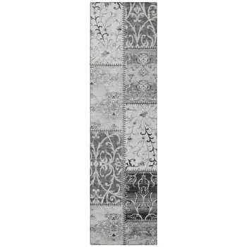 8' Runner Gray Patchwork Washable Non Skid Indoor Outdoor Runner Rug