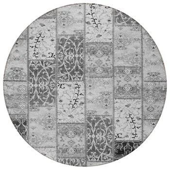 8' Round Gray Round Patchwork Washable Non Skid Indoor Outdoor Area Rug