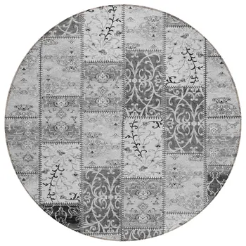 8' Round Gray Round Patchwork Washable Non Skid Indoor Outdoor Area Rug