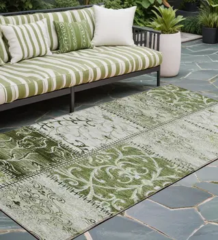 8' Runner Green Patchwork Washable Non Skid Indoor Outdoor Runner Rug