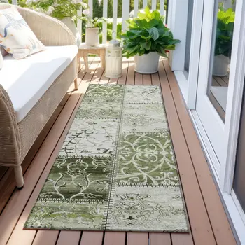 8' Runner Green Patchwork Washable Non Skid Indoor Outdoor Runner Rug