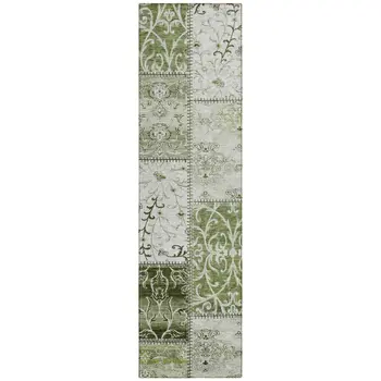 8' Runner Green Patchwork Washable Non Skid Indoor Outdoor Runner Rug