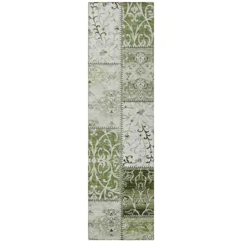 8' Runner Green Patchwork Washable Non Skid Indoor Outdoor Runner Rug
