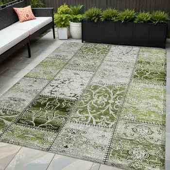 5' X 8' Green Patchwork Washable Non Skid Indoor Outdoor Area Rug