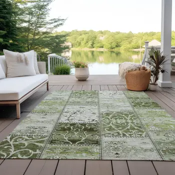 5' X 8' Green Patchwork Washable Non Skid Indoor Outdoor Area Rug