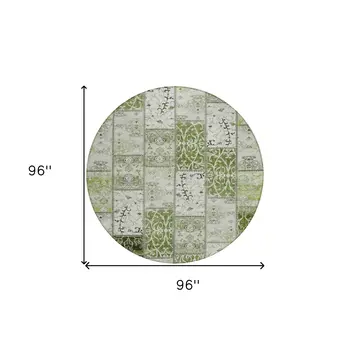 8' Round Green Round Patchwork Washable Non Skid Indoor Outdoor Area Rug