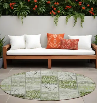 8' Round Green Round Patchwork Washable Non Skid Indoor Outdoor Area Rug