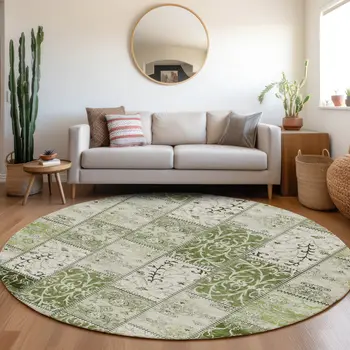 8' Round Green Round Patchwork Washable Non Skid Indoor Outdoor Area Rug