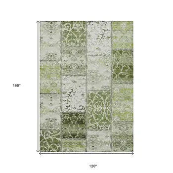 10' X 14' Green Patchwork Washable Non Skid Indoor Outdoor Area Rug